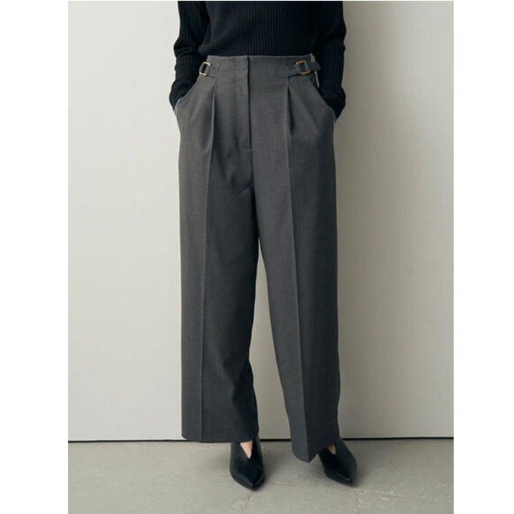 レディースワイドパンツ サイドバックル付きタックワイドパンツ
