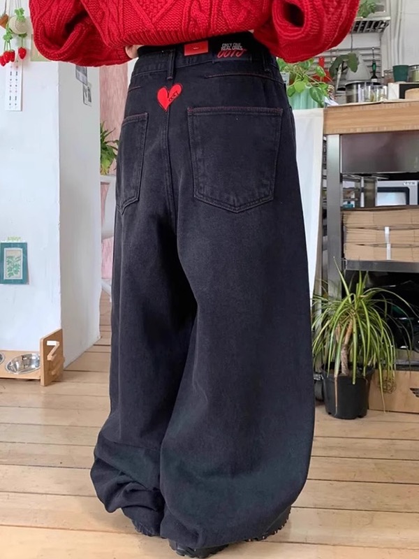 レディースワイドパンツ ハート刺繍デニムワイドパンツ レディース
