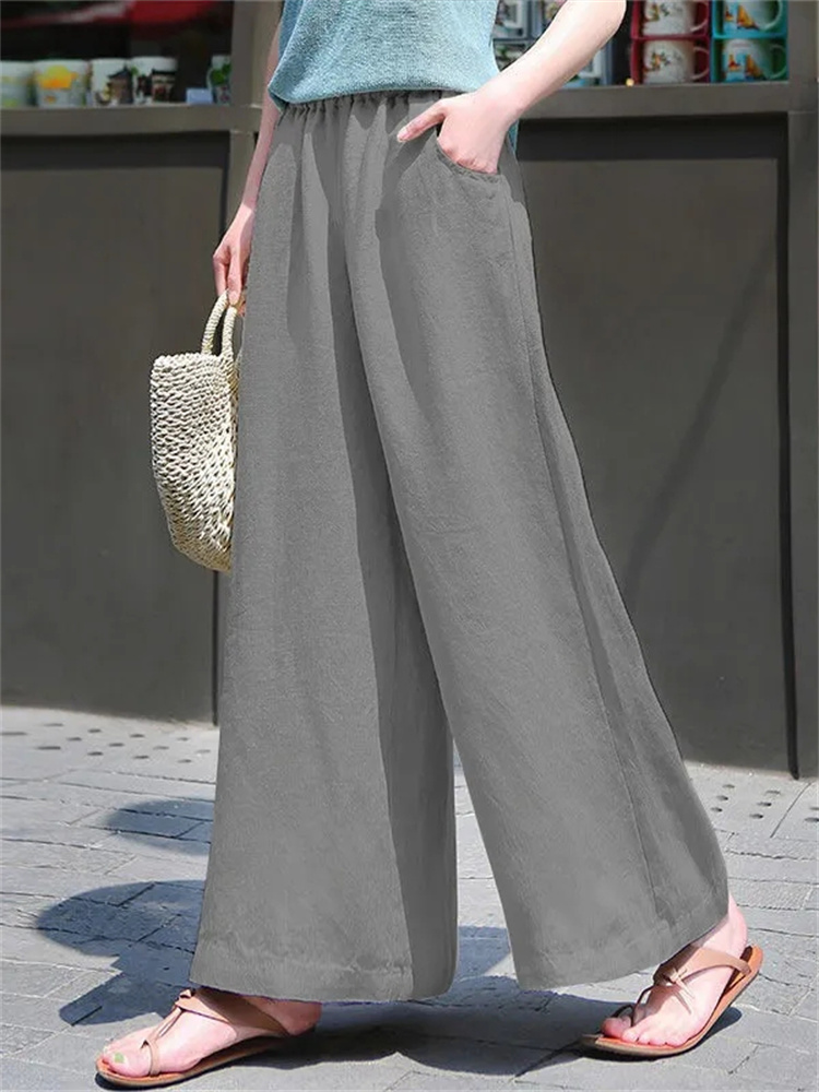 レディースワイドパンツ ゆったり麻混リラックスワイドパンツ