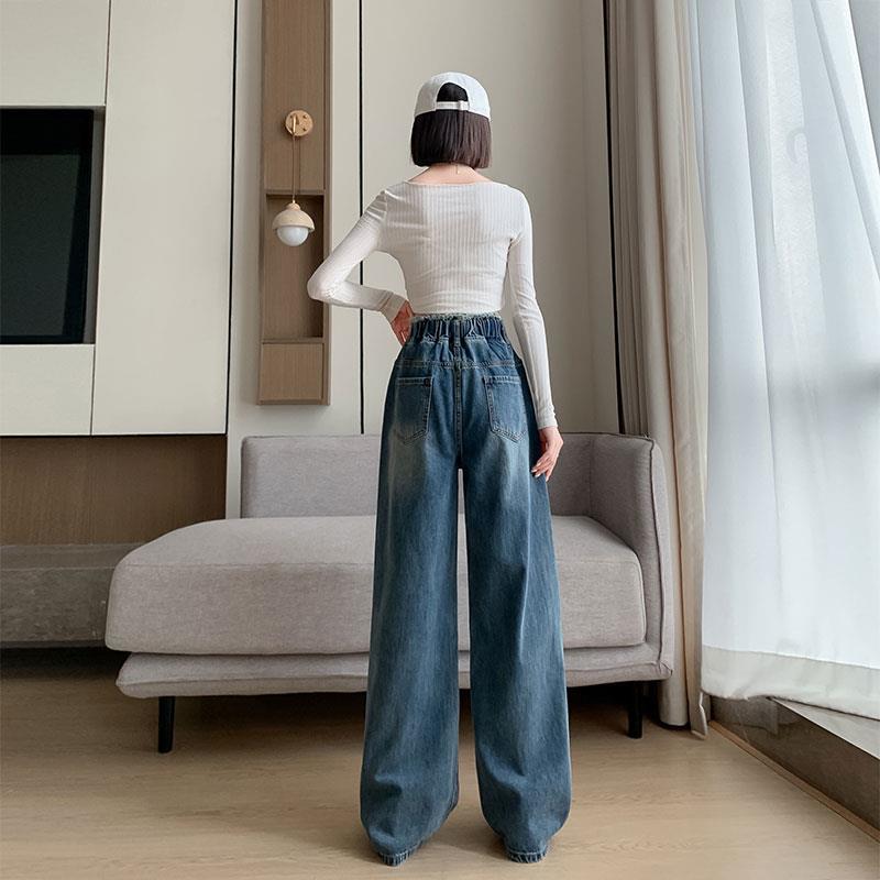 レディースワイドパンツ ウエストゴムゆったりデニムパンツ