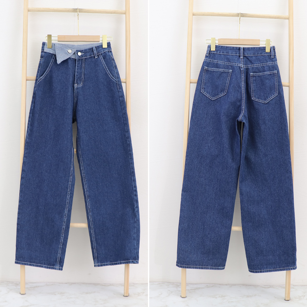 レディースワイドパンツ 折り襟デザイン ハイウエストデニムワイドパンツ