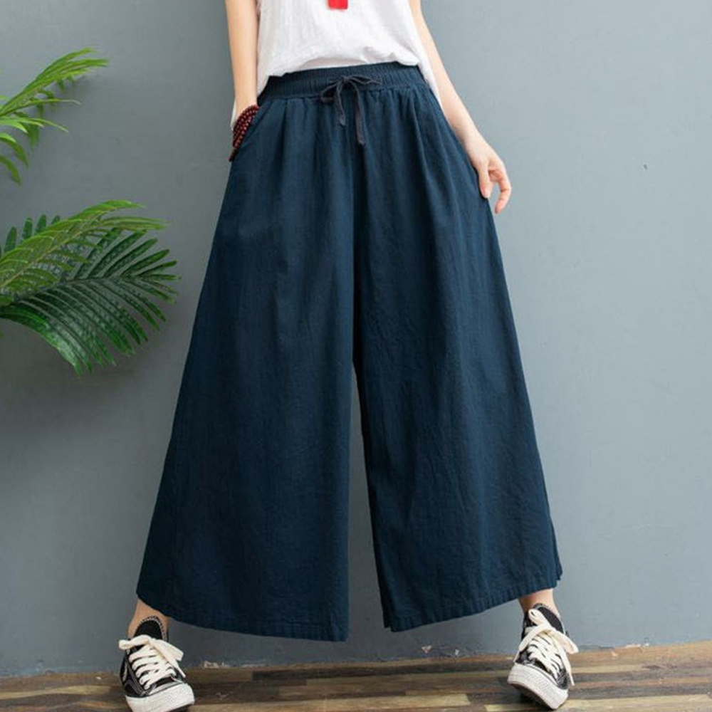レディースワイドパンツ 風合い豊かなリネンワイドパンツ ウエストゴム仕様
