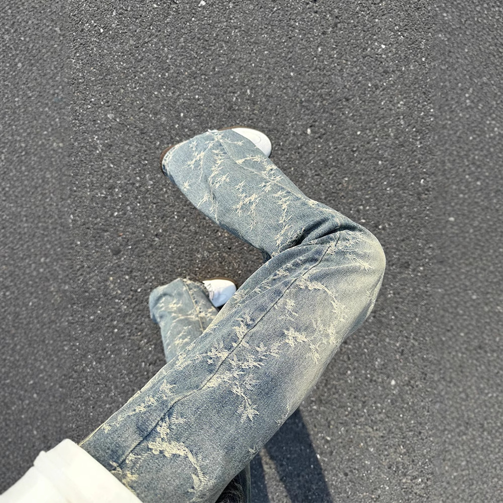 デニムワイドパンツ 草模様ゆったりデニム