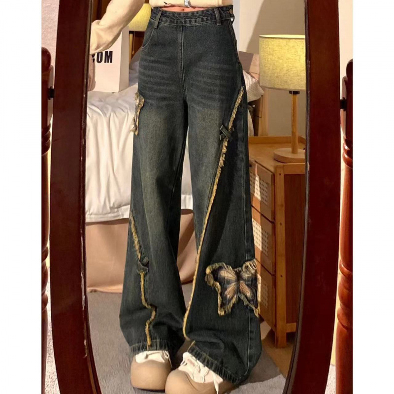 蝶々デザインカットデニムワイドパンツ