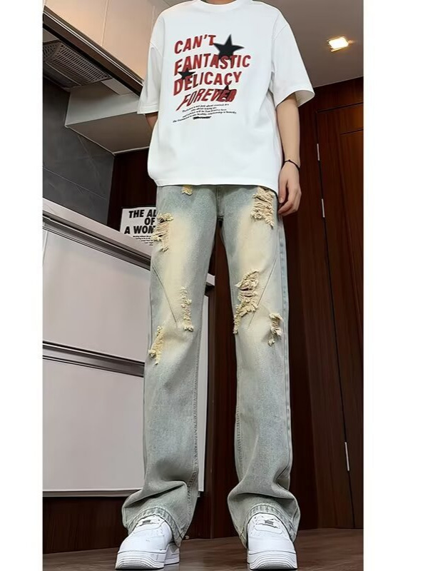 デニムワイドパンツ ダメージ加工 ワイドデニムパンツ