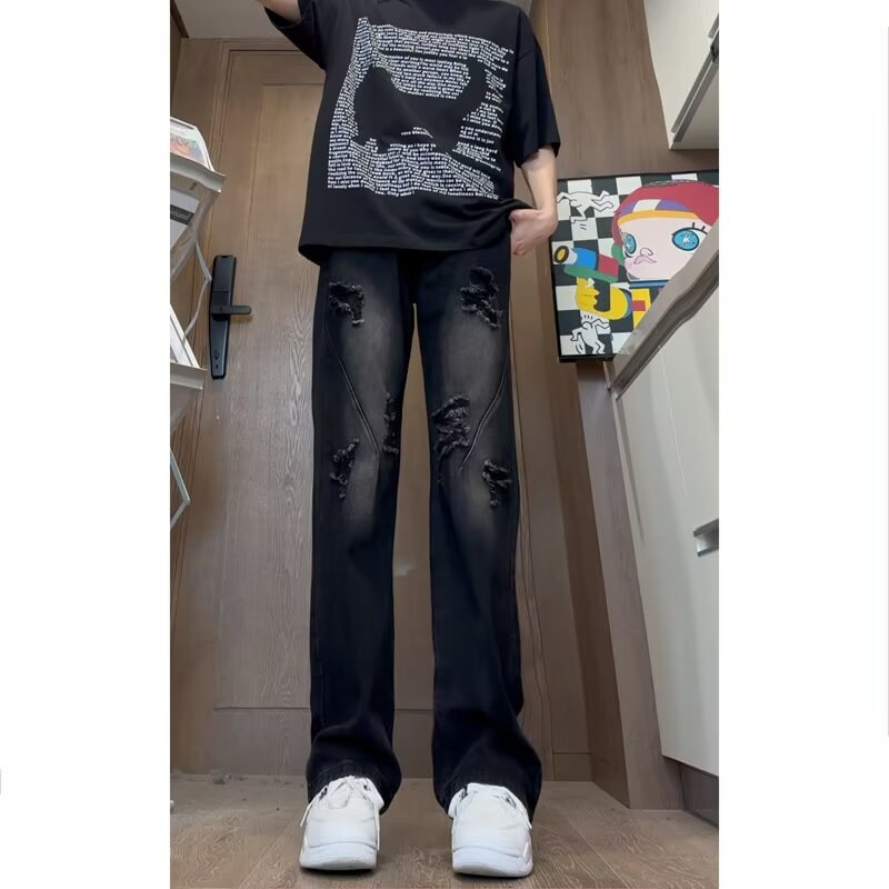 デニムワイドパンツ ダメージ加工 ワイドデニムパンツ
