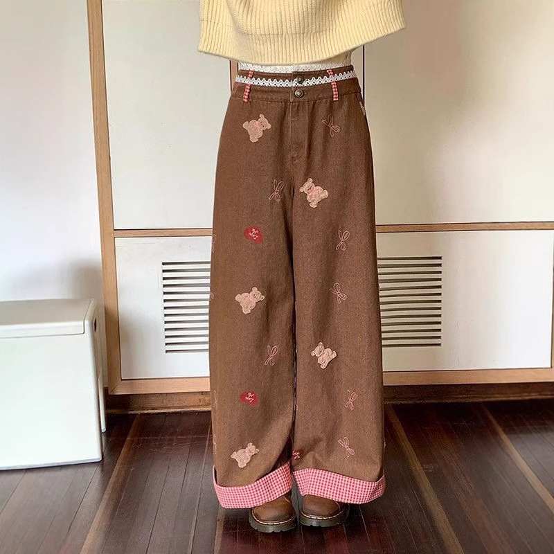 デニムワイドパンツ うさぎとくまの刺繍ワイドパンツ