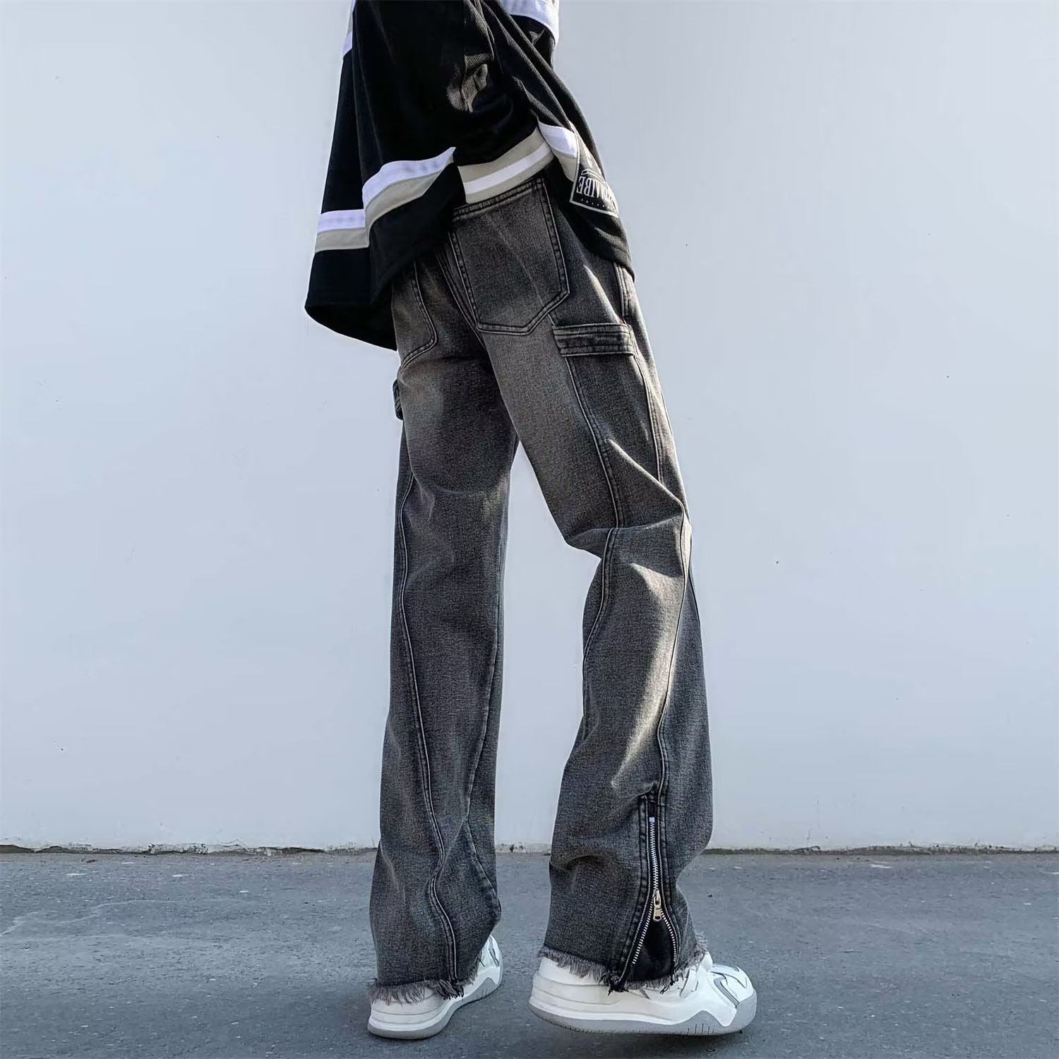 デニムワイドパンツ ジップ付きデニムワイドストレートパンツ