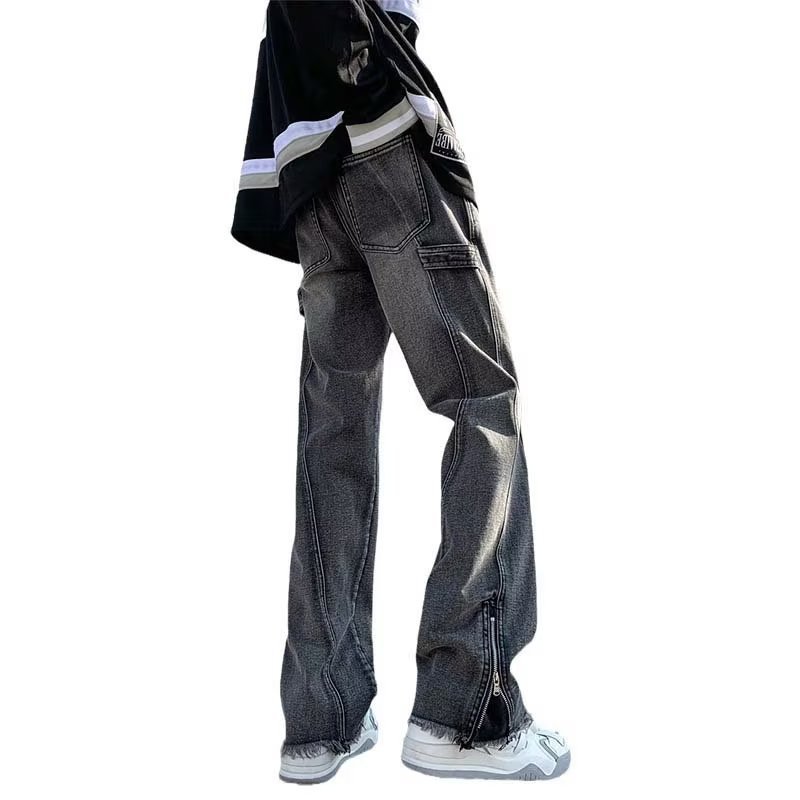 デニムワイドパンツ ジップ付きデニムワイドストレートパンツ