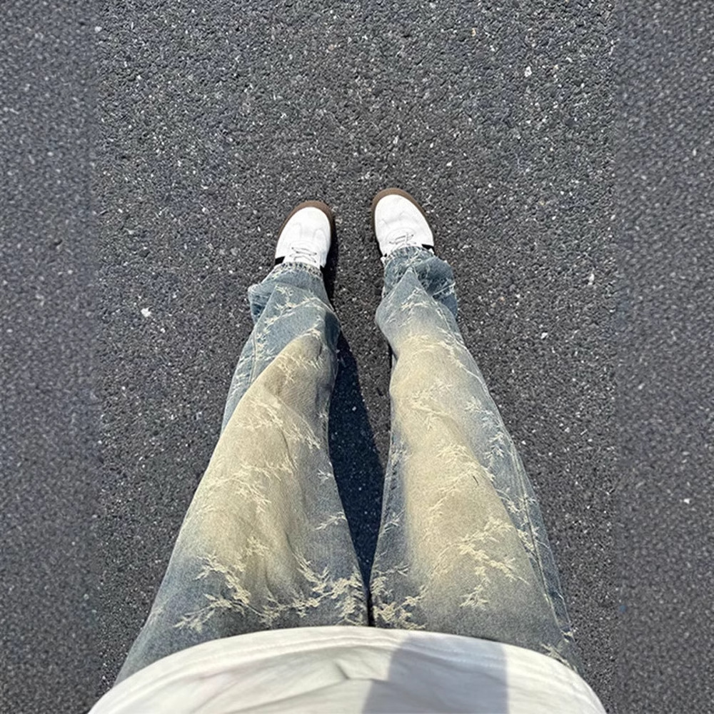 デニムワイドパンツ 草模様ゆったりデニム