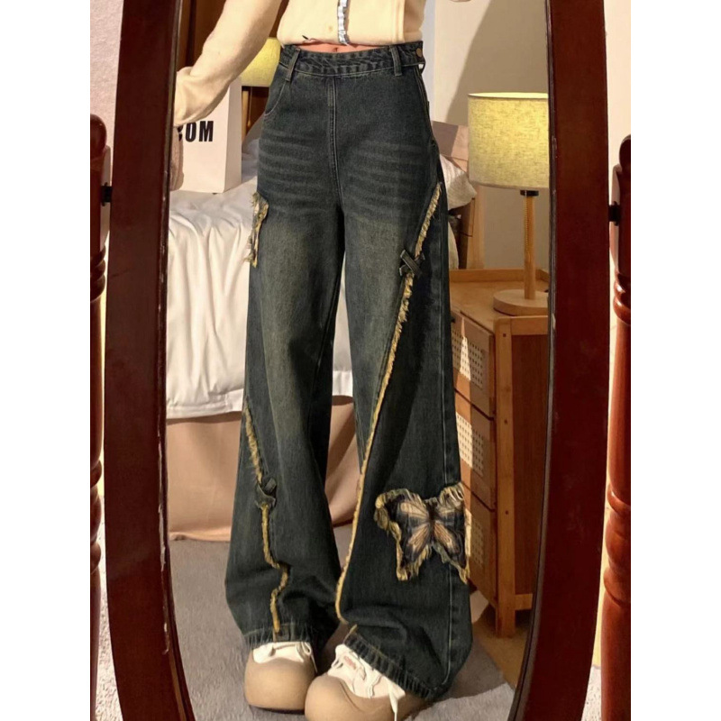 蝶々デザインカットデニムワイドパンツ
