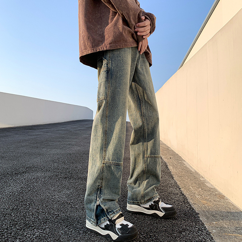 デニムワイドパンツ ジッパー付きストレートワイドパンツ