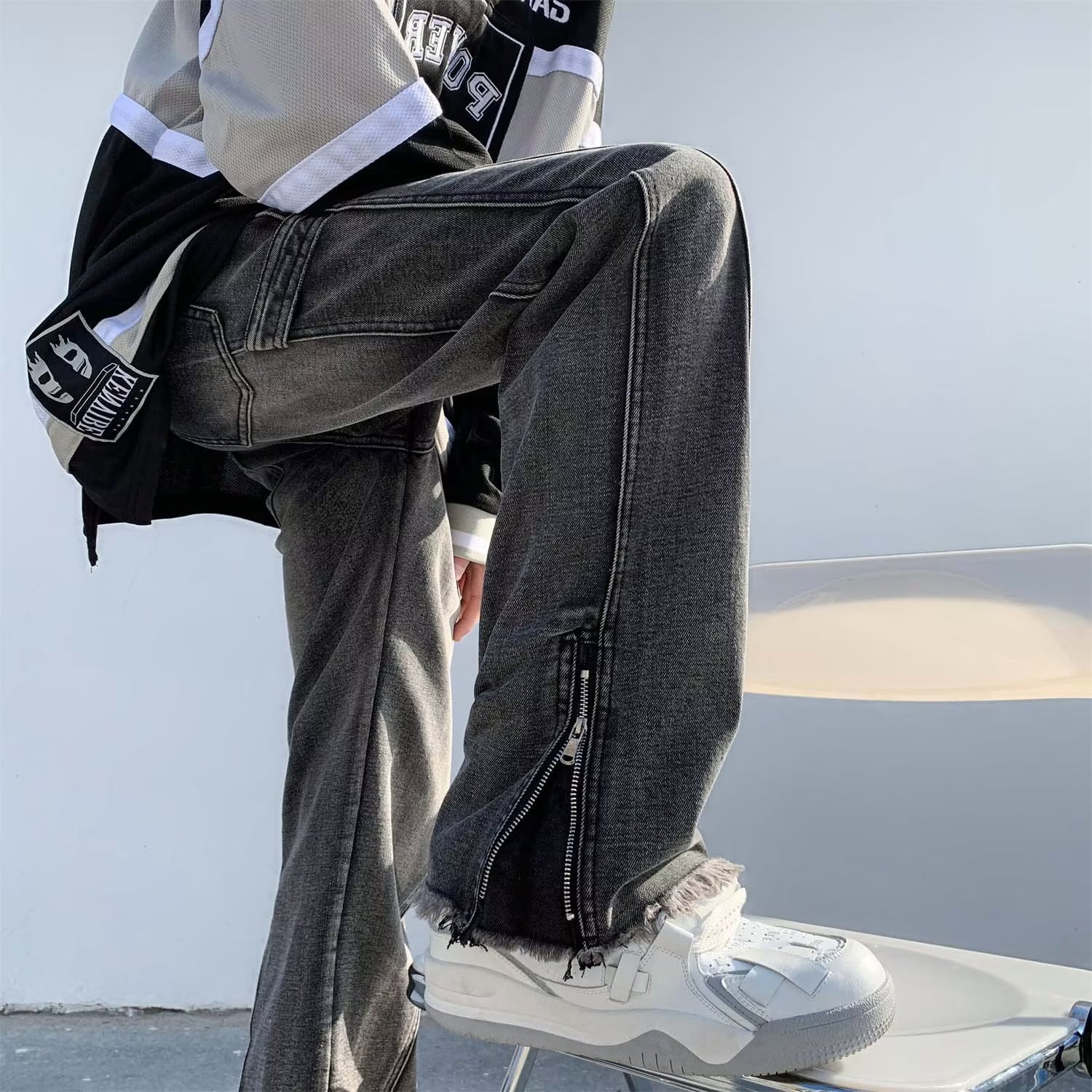 デニムワイドパンツ ジップ付きデニムワイドストレートパンツ