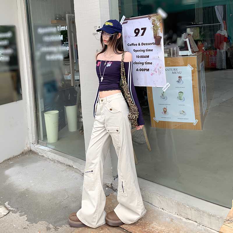 デニムワイドパンツ カーゴポケット付きワイドフレアパンツ