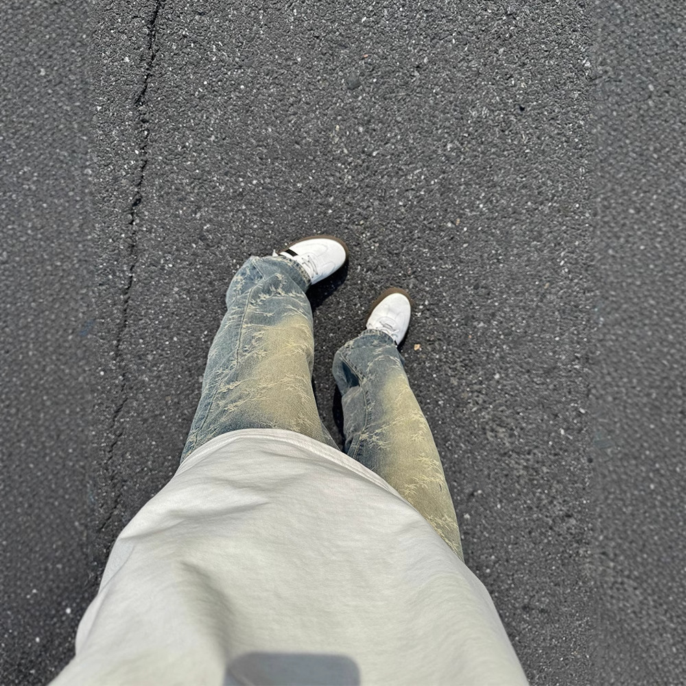 デニムワイドパンツ 草模様ゆったりデニム