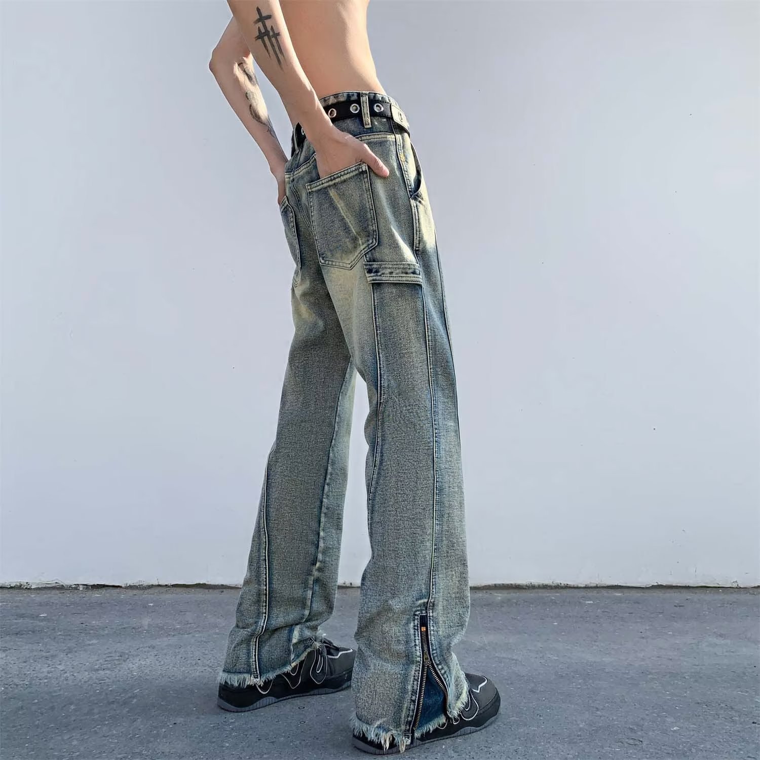 デニムワイドパンツ ジップ付きデニムワイドストレートパンツ