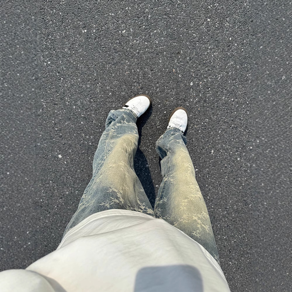デニムワイドパンツ 草模様ゆったりデニム