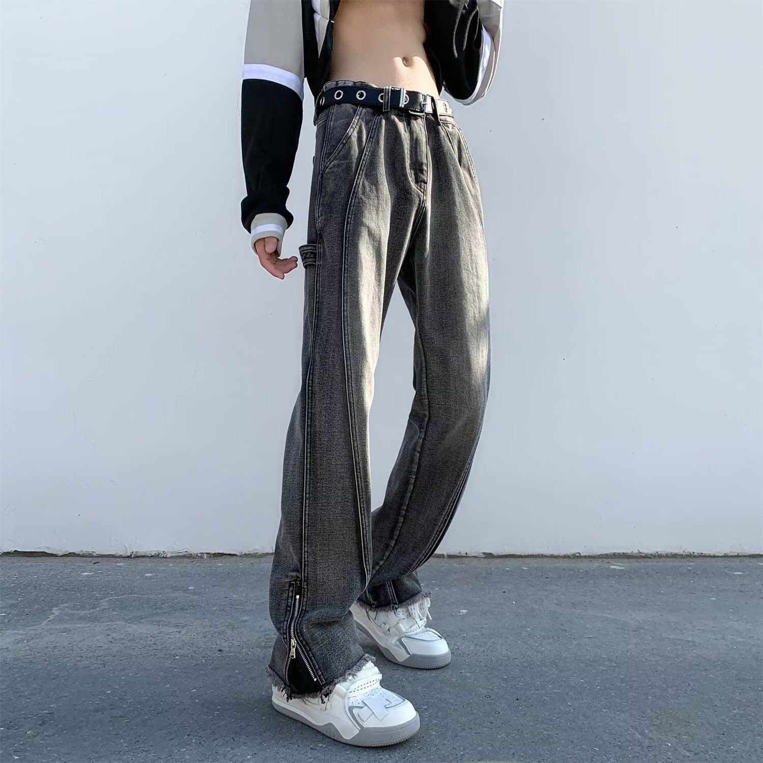 デニムワイドパンツ ジップ付きデニムワイドストレートパンツ