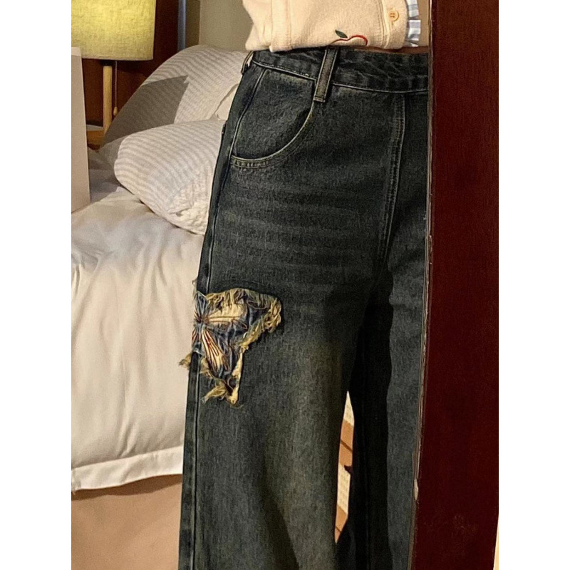 蝶々デザインカットデニムワイドパンツ
