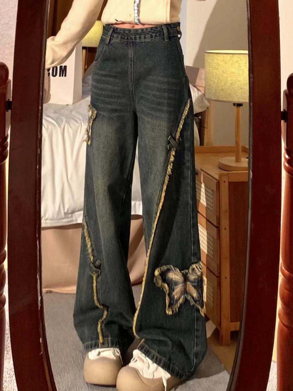蝶々デザインカットデニムワイドパンツ