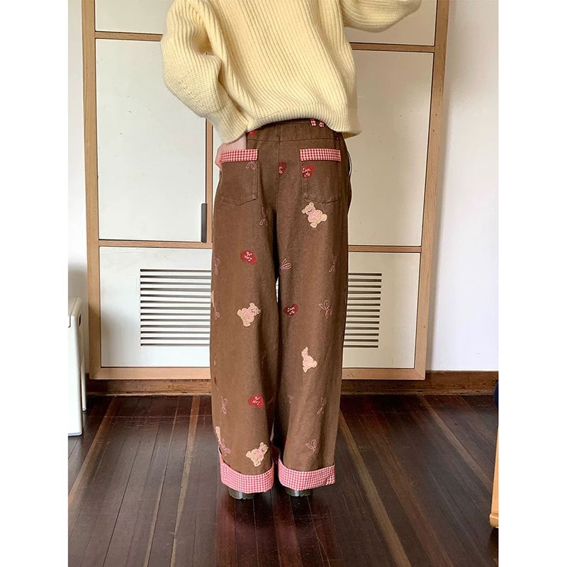 デニムワイドパンツ うさぎとくまの刺繍ワイドパンツ
