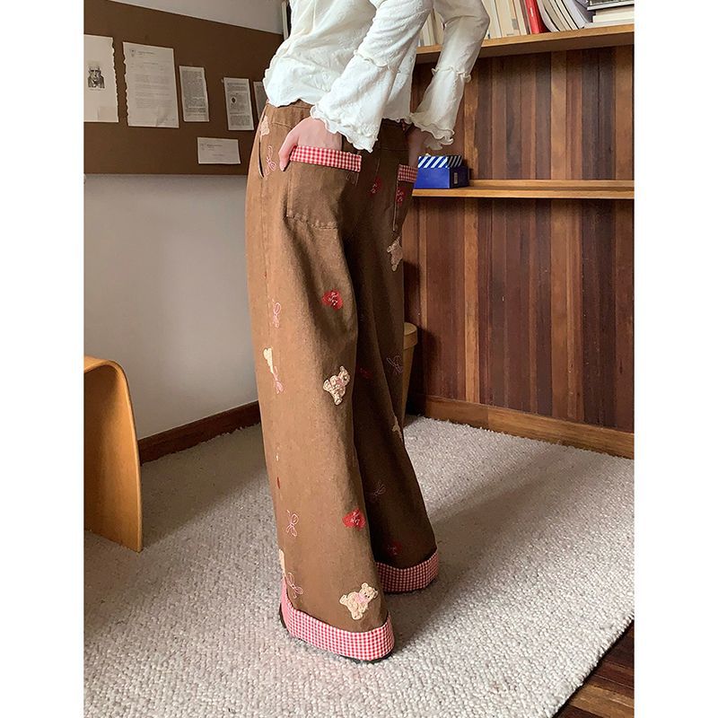 デニムワイドパンツ うさぎとくまの刺繍ワイドパンツ