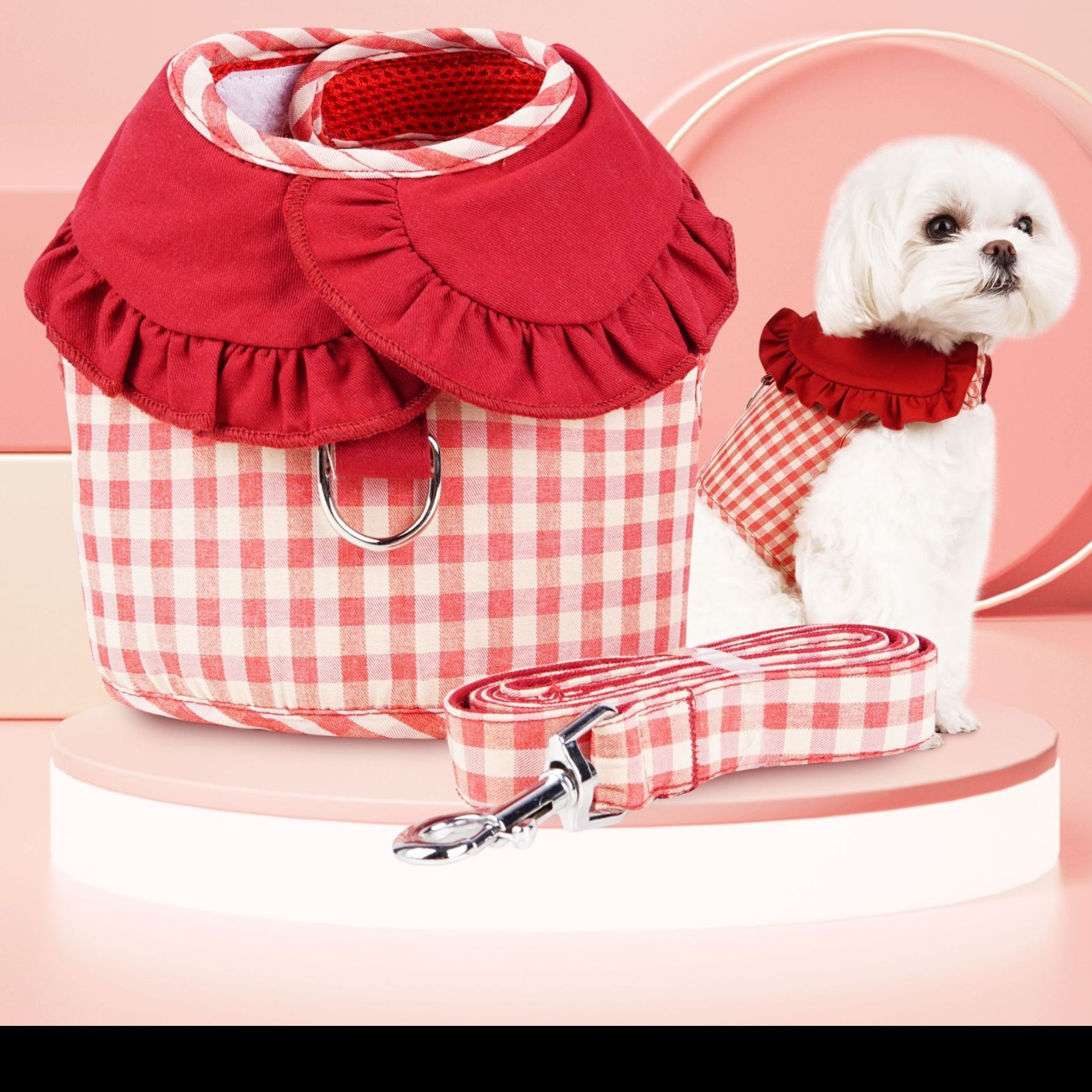 犬 ハーネス ふりふりギンガムハーネスセット