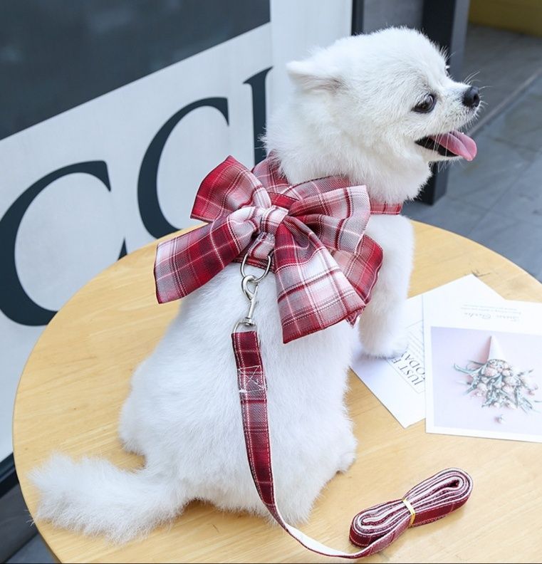 犬 ハーネス 大きなリボンが華やか格子柄犬用胴輪