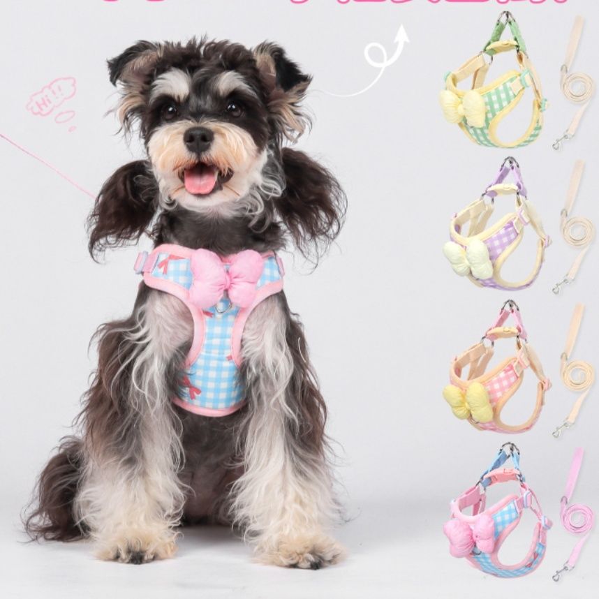 犬 ハーネス 格子柄リボン付き犬用胴輪とリードセット