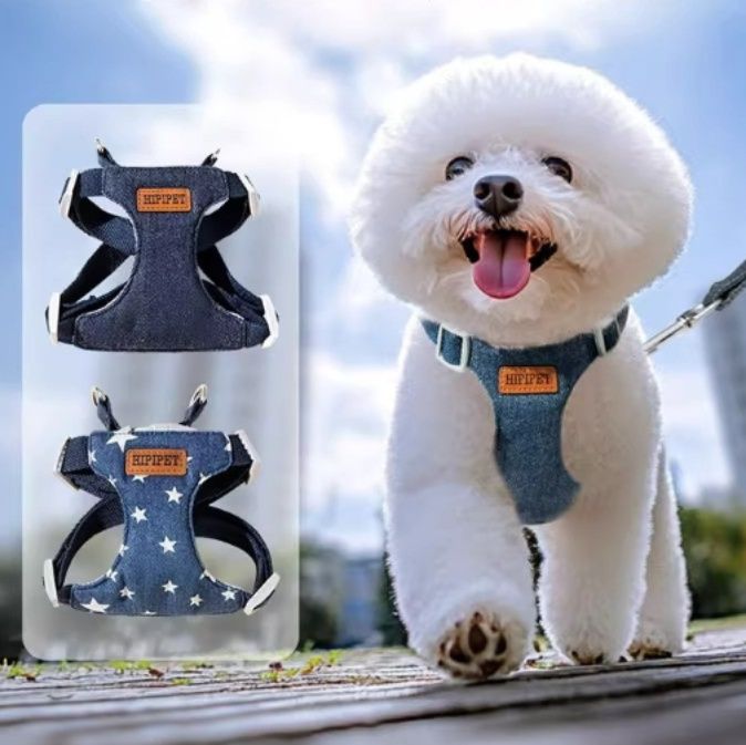 犬 ハーネス デニム風素材の軽量犬用胴輪シンプルデザイン