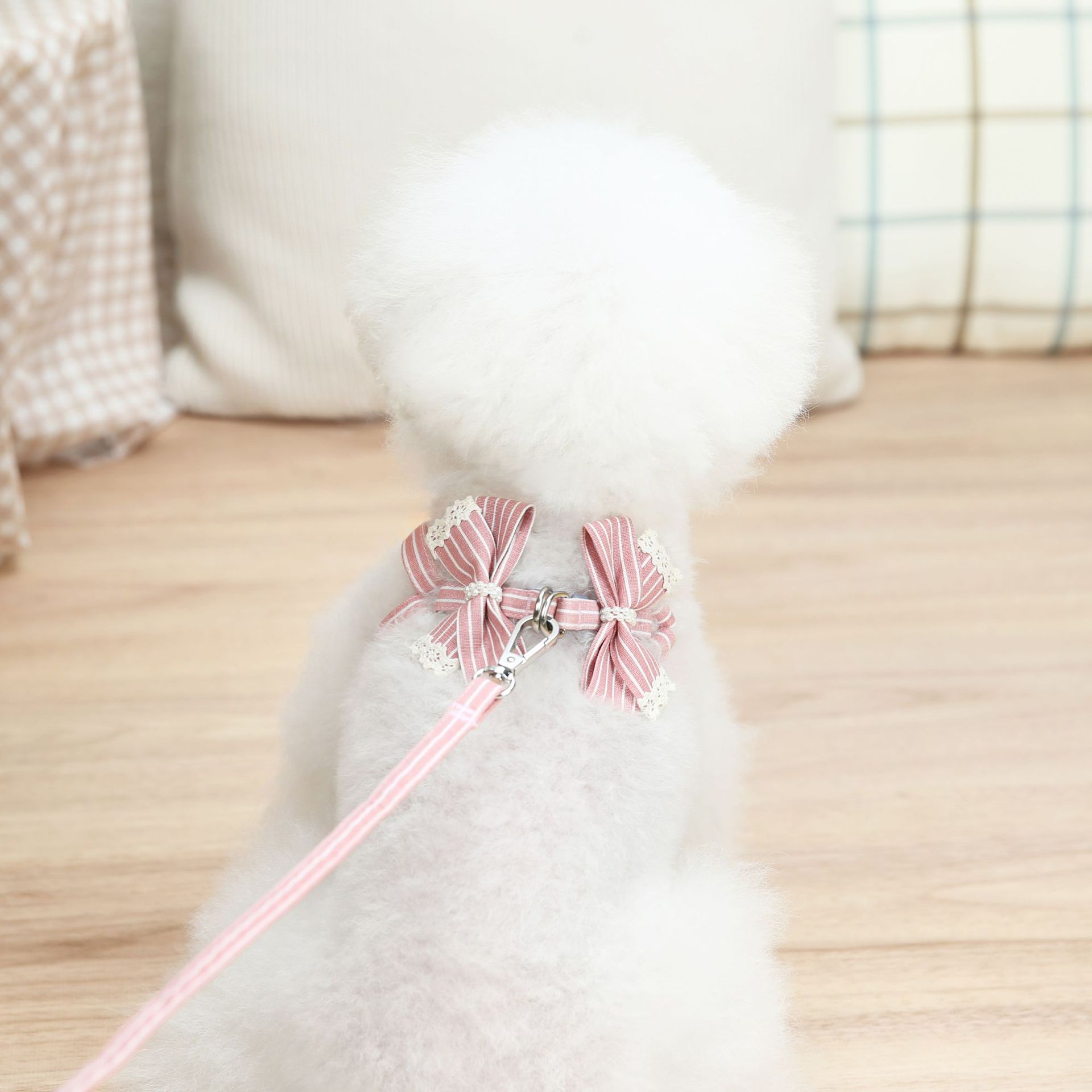 犬 ハーネス おリボン付きストライプ柄ハーネス