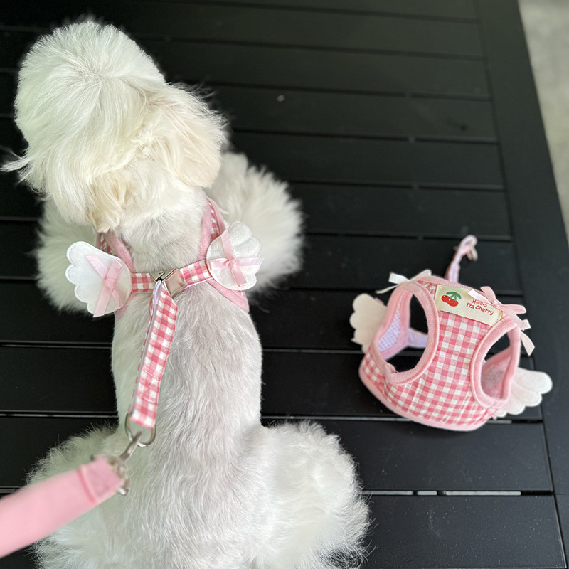 犬 ハーネス 天使の羽根付きチェック柄ハーネス