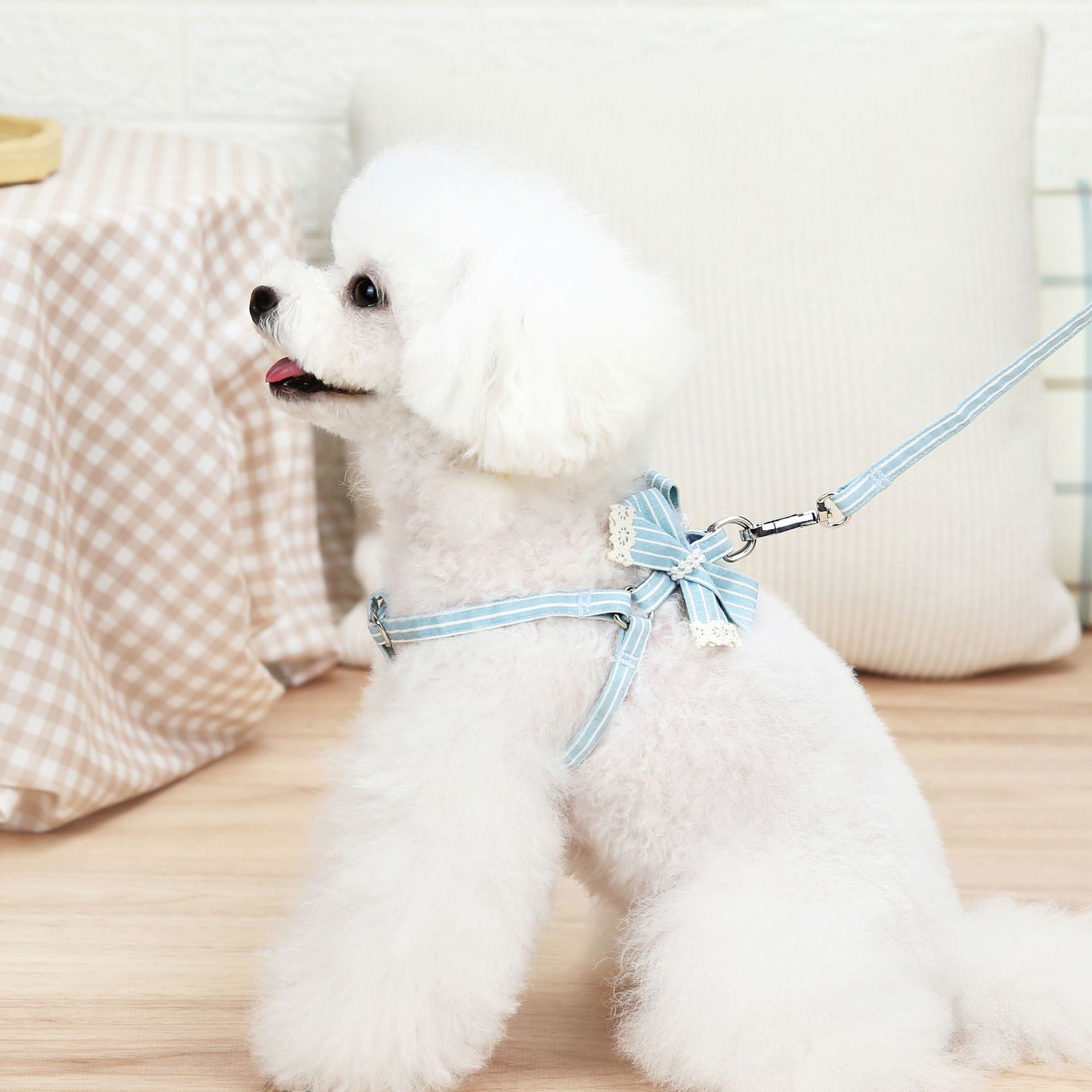 犬 ハーネス おリボン付きストライプ柄ハーネス