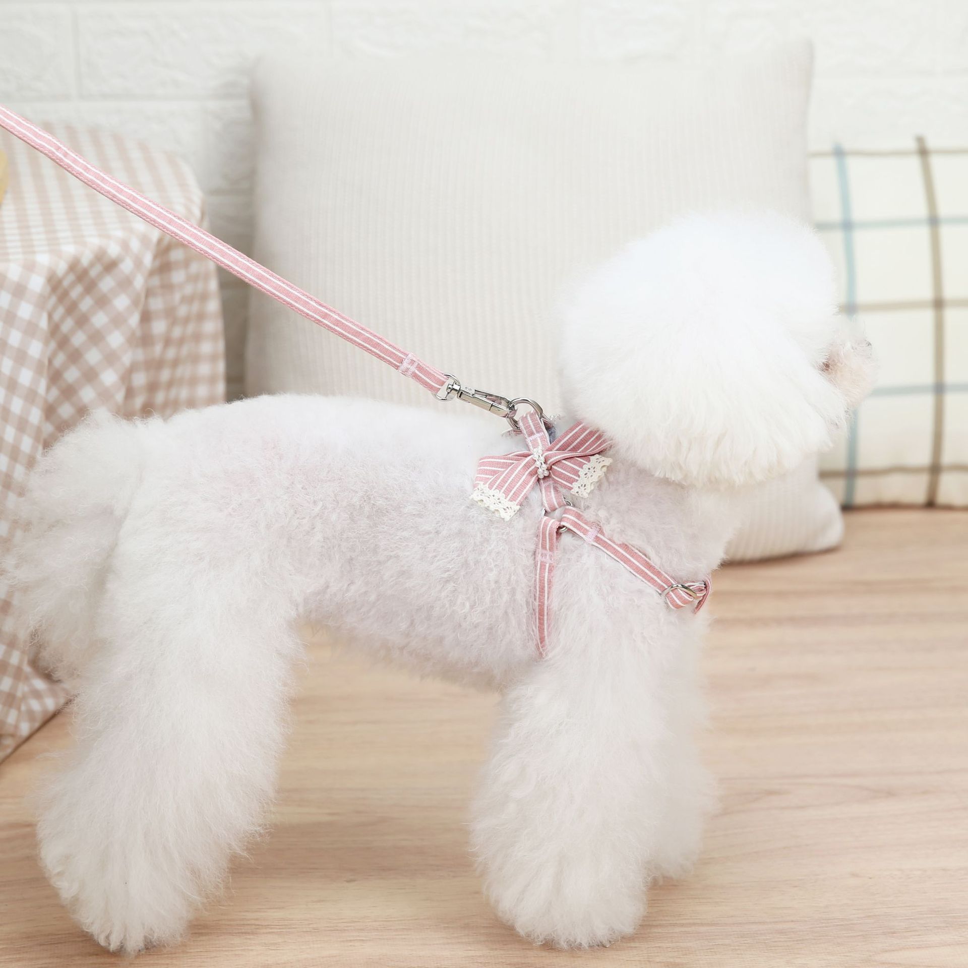 犬 ハーネス おリボン付きストライプ柄ハーネス