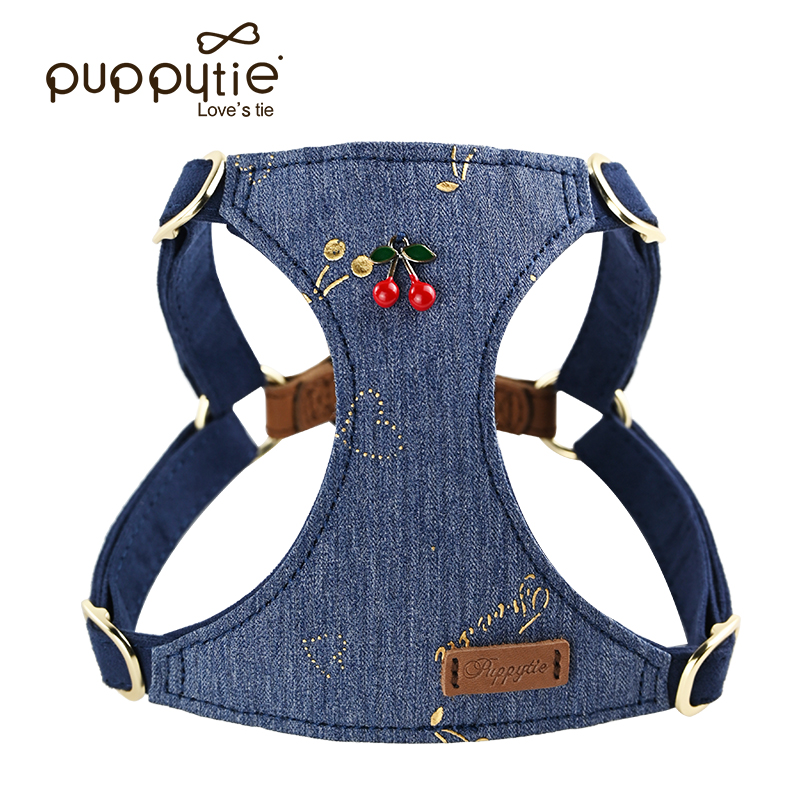 犬 ハーネス さくらんぼ刺繍付き デニム調ハーネス