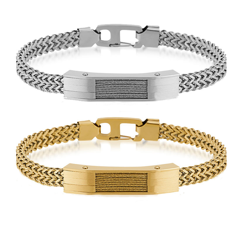 メンズブレスレット 編み込みチェーン留め具付き識別板装飾ブレスレット