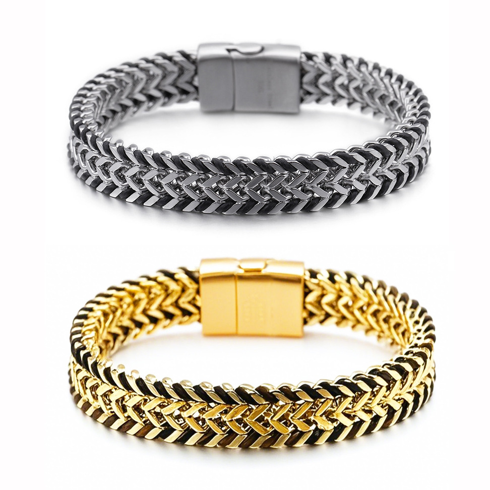 メンズブレスレット 二連編み込みチェーン マグネット留め具ブレスレット