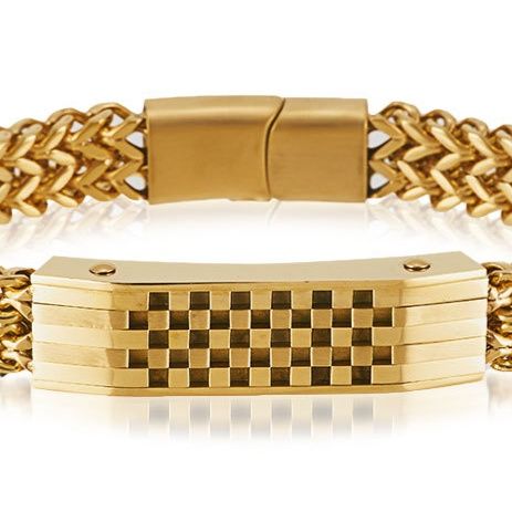 メンズブレスレット 市松模様プレート付き二重編み込みシンプルチェーンブレスレット