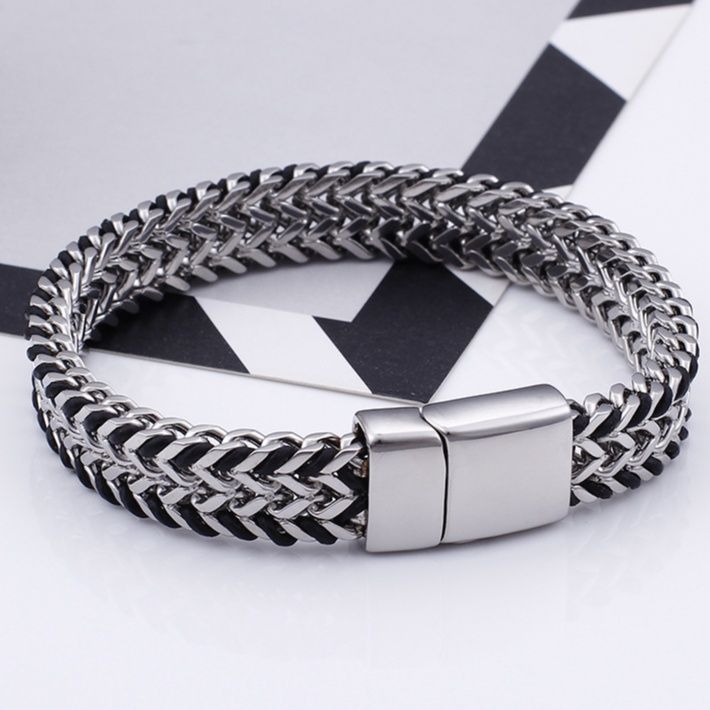 メンズブレスレット 二連編み込みチェーン マグネット留め具ブレスレット