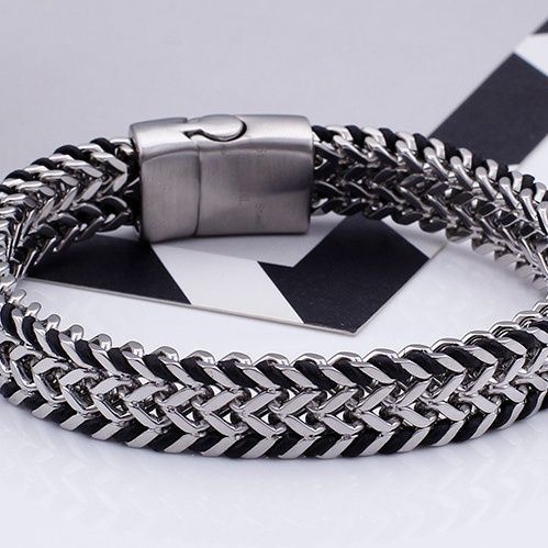 メンズブレスレット 二連編み込みチェーン マグネット留め具ブレスレット