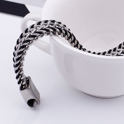 メンズブレスレット 二連編み込みチェーン マグネット留め具ブレスレット
