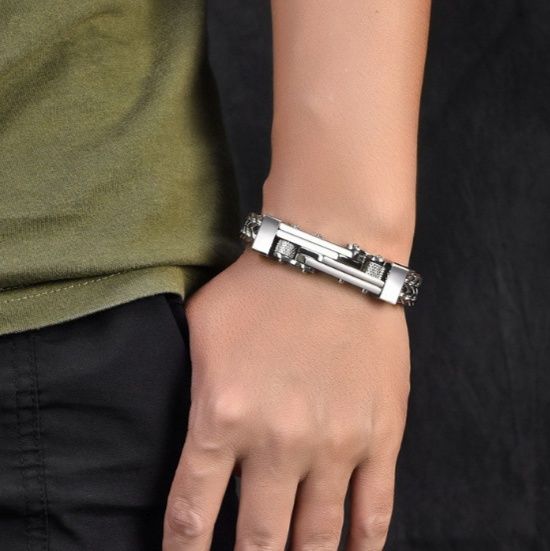 メンズブレスレット 二重喜平チェーン立体プレート付き重厚感腕輪