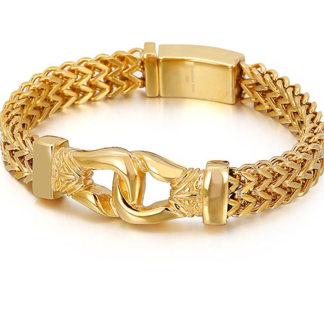 メンズブレスレット 二重編み込み竜頭留め具付き重厚ゴールドブレスレット