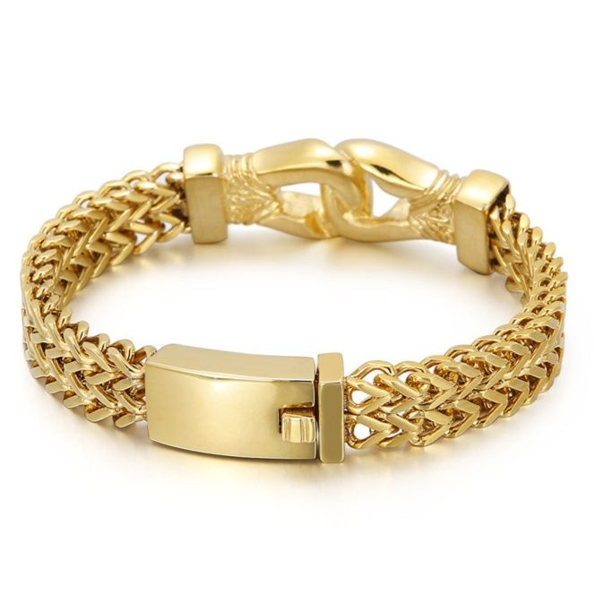 メンズブレスレット 二重編み込み竜頭留め具付き重厚ゴールドブレスレット