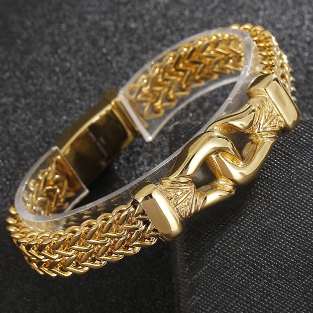 メンズブレスレット 二重編み込み竜頭留め具付き重厚ゴールドブレスレット