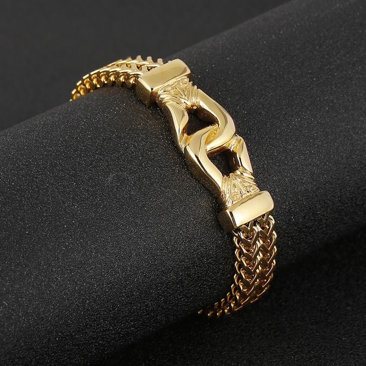 メンズブレスレット 二重編み込み竜頭留め具付き重厚ゴールドブレスレット