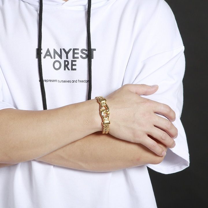 メンズブレスレット 二重編み込み竜頭留め具付き重厚ゴールドブレスレット