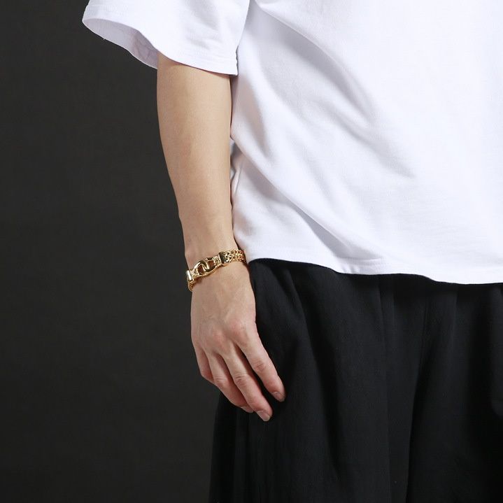 メンズブレスレット 二重編み込み竜頭留め具付き重厚ゴールドブレスレット