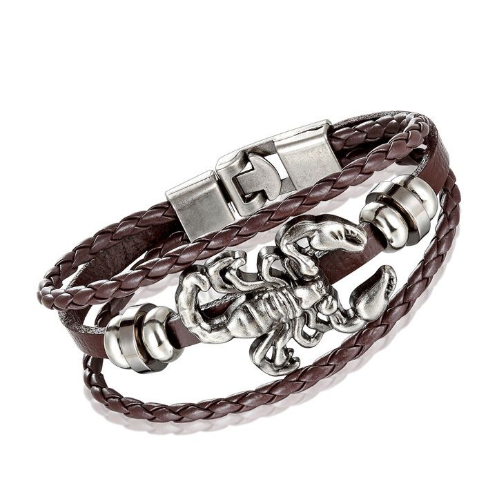 メンズブレスレット 蠍モチーフ編み込みレザー多連メンズブレスレット