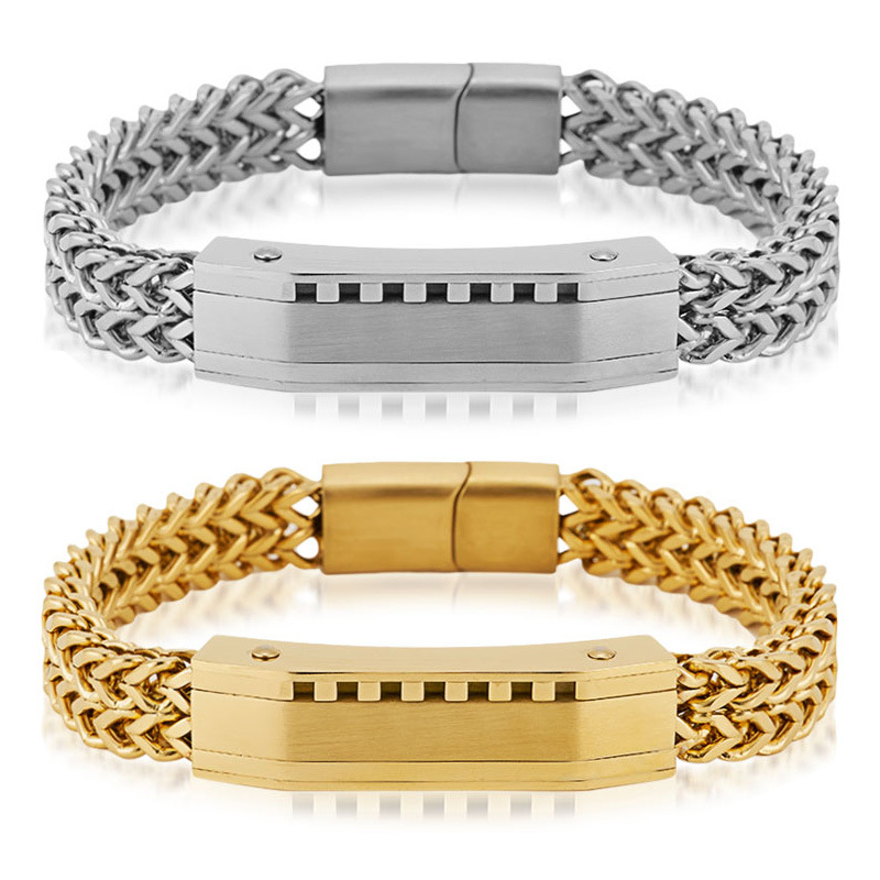 メンズブレスレット 二重編み込みチェーン識別プレート付きシンプルブレスレット